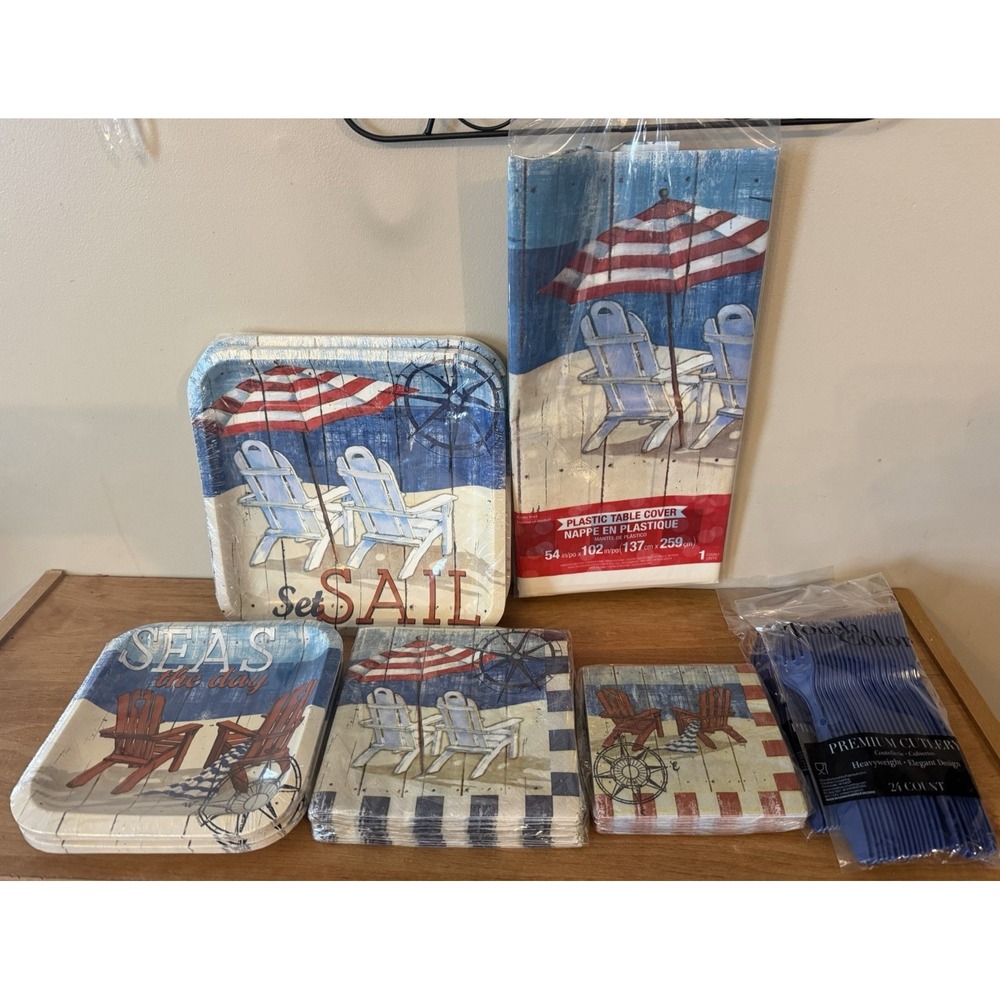 Service for 32-Beach Bums Summer Theme Party Plate, Napkin, Tablecover, Fork Set